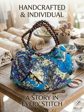 ARTIST CREATED Bohemian Patch work Beaded Handle HAND Bag - Blue & Purple